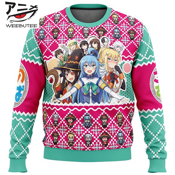 KonoSuba Green And Pink Pattern Anime Funny Cute Best For 2023 Holiday Christmas Ugly Sweater